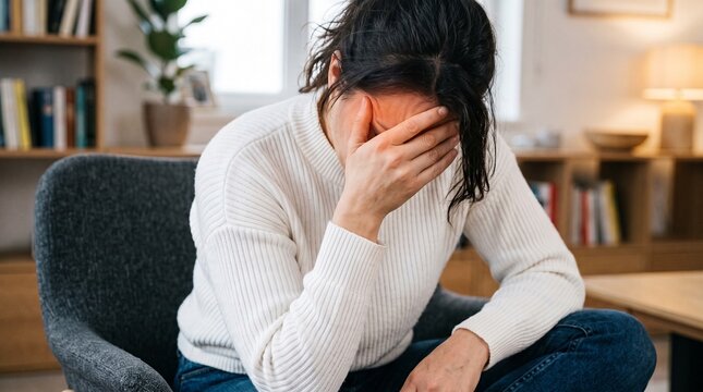 Woman suffering from headache or migraine holding her forehead in pain while sitting in a chair at home