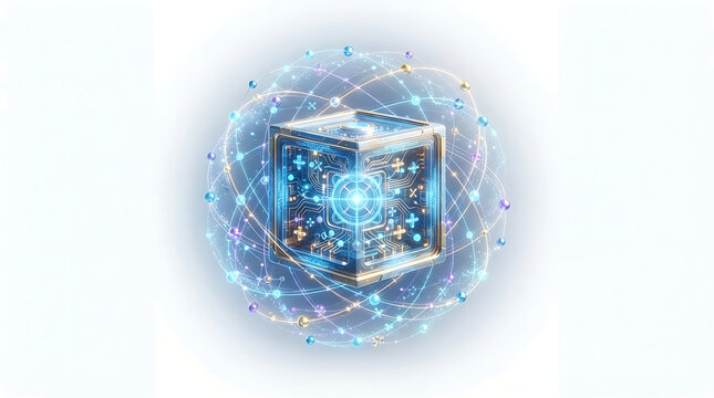 Abstract data cube glowing with digital particles and networking lines digital technology information technology particle effect 3D cube tech background computing