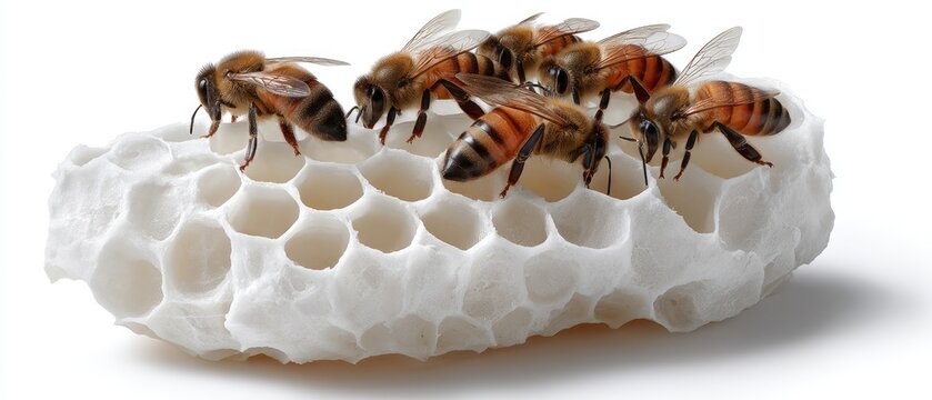 Busy bees interact with honeycomb, showcasing nature's process of honey production in a vibrant outdoor environment