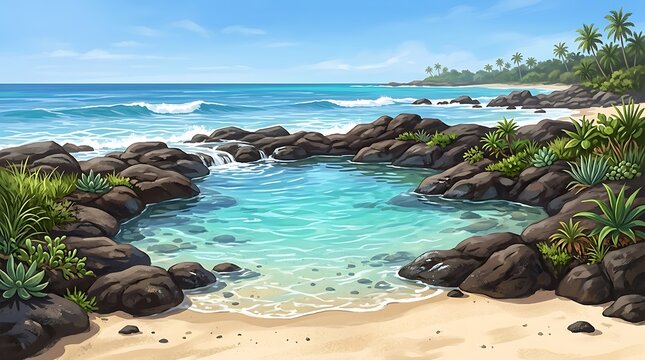 Beautiful tropical beach landscape with clear turquoise water and volcanic rock pools