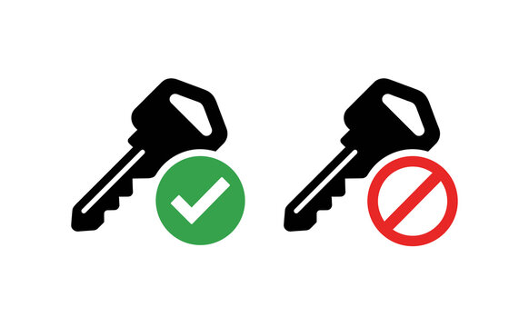 Minimalist key icons with green checkmark and red prohibition sign for security concept
