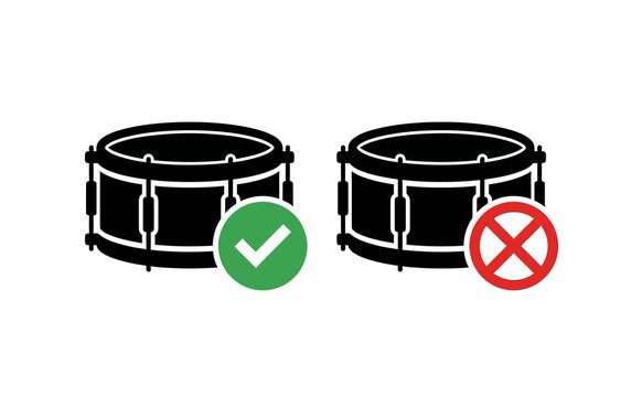 Minimalist snare drum icons with green checkmark and red cross symbols representing choice