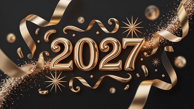 Golden 2027 new year celebration with confetti and sparkling ribbon streamers