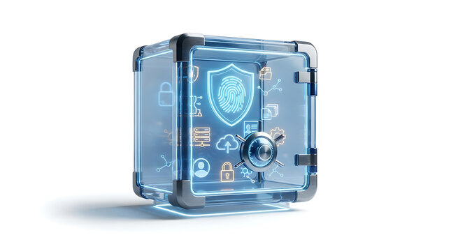 Digital secure safe box with glowing blue data protection symbols cyber security digital vault information security online safety data storage security system