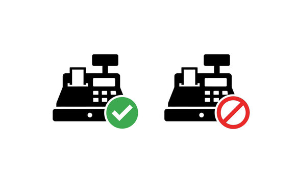 Minimalist cash register icons with green checkmark and red prohibition sign indicating correct and incorrect choices