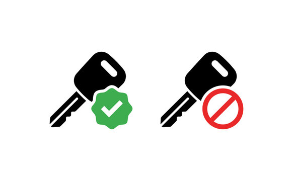 Minimalist car keys icon set featuring approval checkmark and prohibition symbol