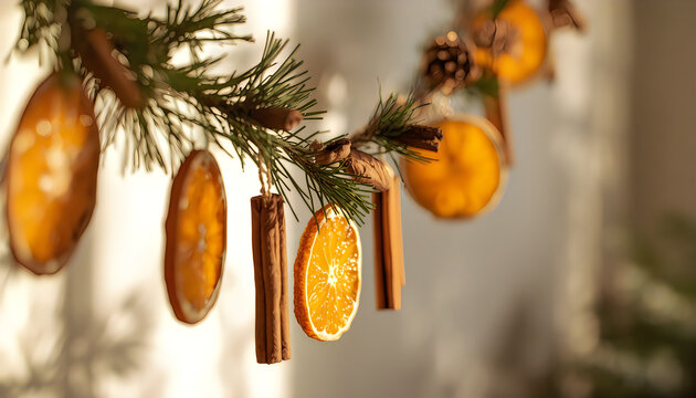 Christmas garland of dried oranges cinnamon sticks pine branch.