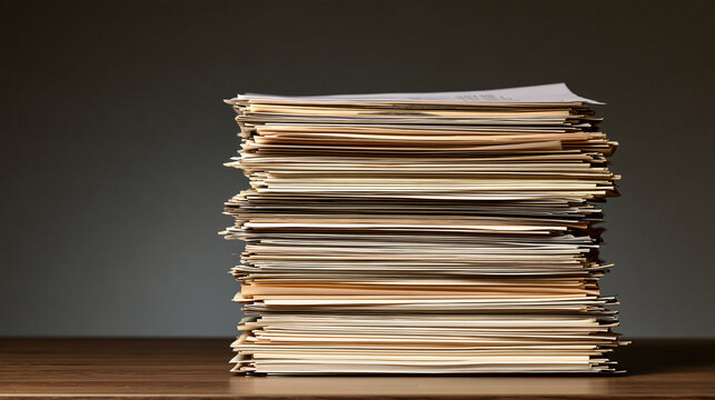 A tall stack of documents rests on a wooden desk. Ideal for business administration, bureaucracy, and workload concepts.