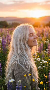 Woman smiles with closed eyes in a peaceful wildflower meadow. Sunset glows over distant mountains and spring blooms. Nature, joy, and wellness concept.