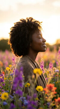 Black woman smiles while enjoying a peaceful moment in a wildflower meadow. Warm sunset light frames her natural curls and joyful profile. Outdoor wellness and freedom concept.