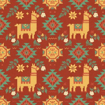 Terracotta Andean Peruvian Tapestry Pattern with Llamas and Geometric Symbols
