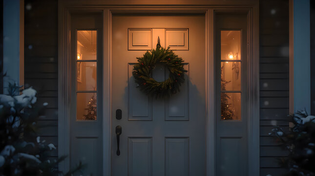 Evening winter front door features green evergreen wreath and warm golden light.