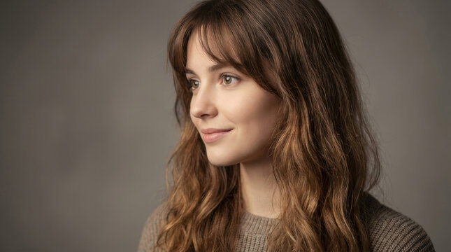Woman with long wavy hair gazes thoughtfully in a close portrait. Soft studio light shapes her face against a neutral background. Beauty and lifestyle concept.