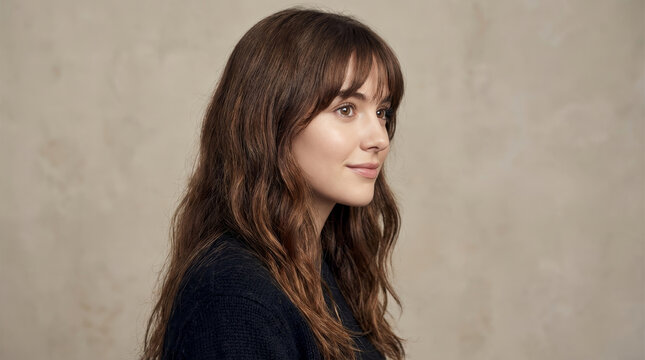 Young woman with long wavy hair poses in side profile. Soft studio light highlights her beauty against a neutral background with copy space. Portrait concept for beauty branding.