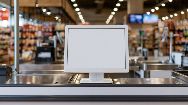 A blank white POS monitor sits on a supermarket checkout counter. Ideal for retail software mockups and checkout payment system ads.