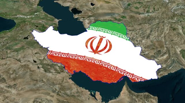 Iran map with emblem and country name on satellite terrain