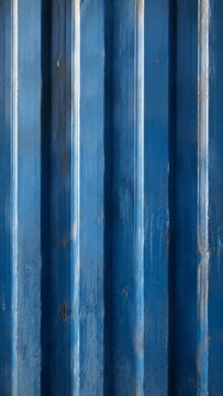 Vertical close-up of a blue corrugated steel cargo container wall texture with rust