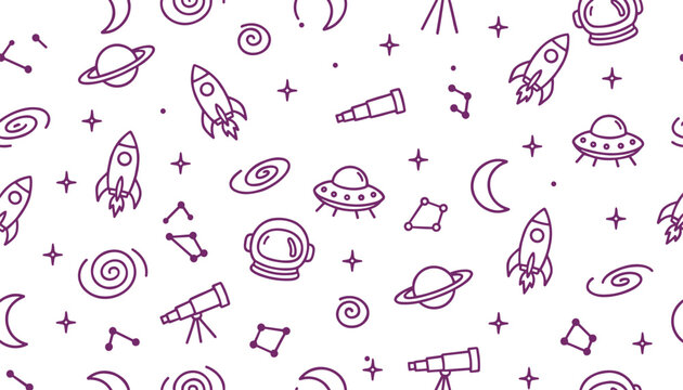 Purple space seamless pattern featuring rockets planets and astronaut helmets.