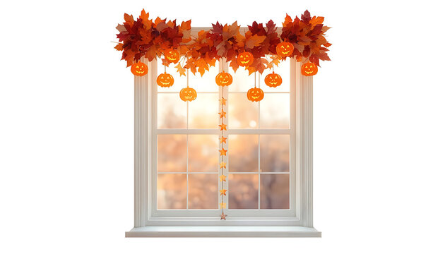 Halloween garland with pumpkins and leaves decorates a window.