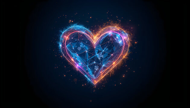 Glowing wireframe heart shape with blue and orange sparks on deep black canvas.