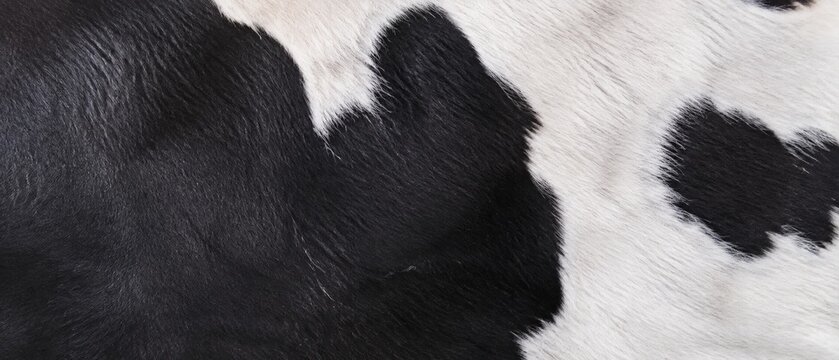 Close-up of black and white cowhide texture with natural fur pattern