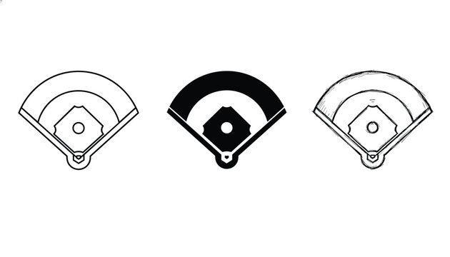 Baseball field diagrams displayed in outline, filled silhouette, and sketchy hand drawn vector styles.