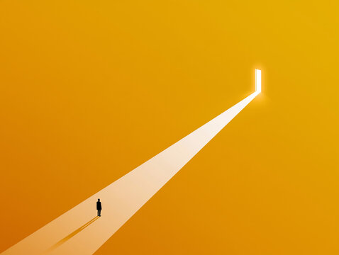 光の差す出口へ向かう人物を描いた希望と未来のコンセプト背景