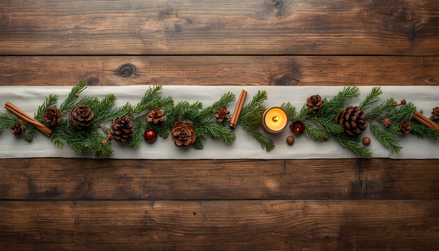 Natural christmas garland with pine cones and candle on rustic wooden tabletop.