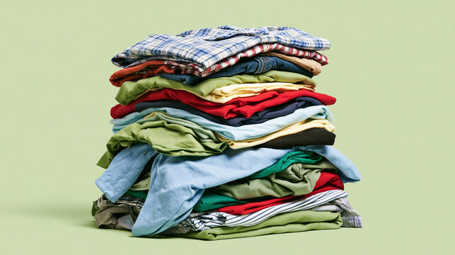 A tall stack of colorful folded clothes rests on a green background. Ideal for laundry and organization concepts.
