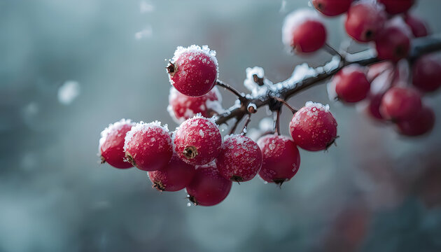 Red winter berries covered with snow on a branch in cold season.