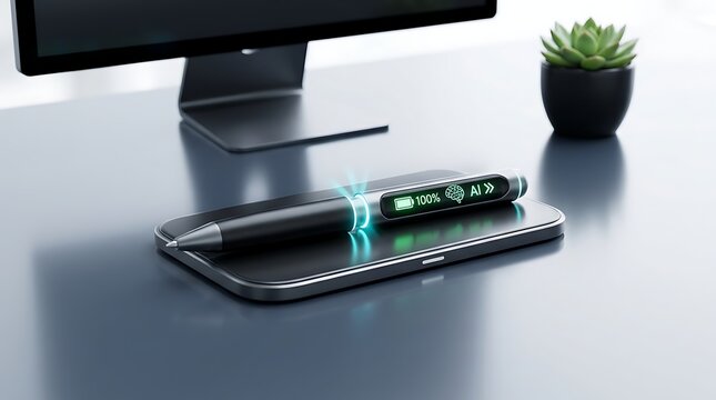 Sleek AI Smart Pen Resting on Wireless Charging Pad on Slate Desk