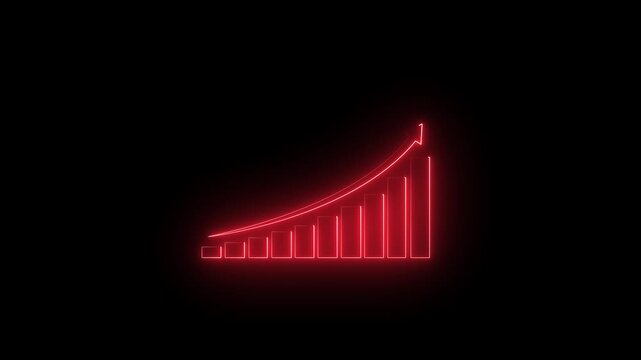 Neon purple growth bar chart animation with rising arrow for business success and financial analysis. Animation of 4k video.