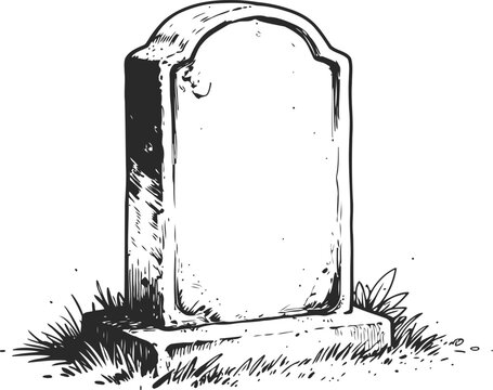 Old weathered gravestone monument with carved edges, standing in grass, black and white sketch