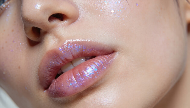 Woman with glitter lip gloss and slightly parted lips. Extreme close-up shows sparkling makeup on smooth skin. Beauty portrait for cosmetics, fashion, and self-expression.