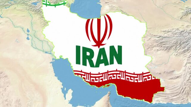 Iran flag map with emblem on regional relief background animation