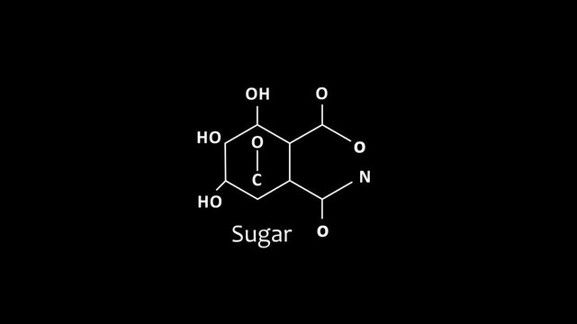 Chemical structure of sugar molecule diagram, educational science animation on black background chemistry. Animation of 4k video.