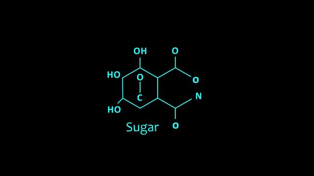 Chemical structure of sugar molecule diagram, educational science animation on black background chemistry. Animation of 4k video.