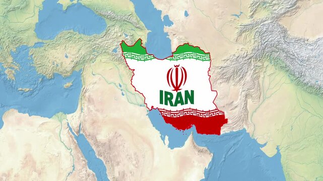 Iran map with national emblem on physical relief background