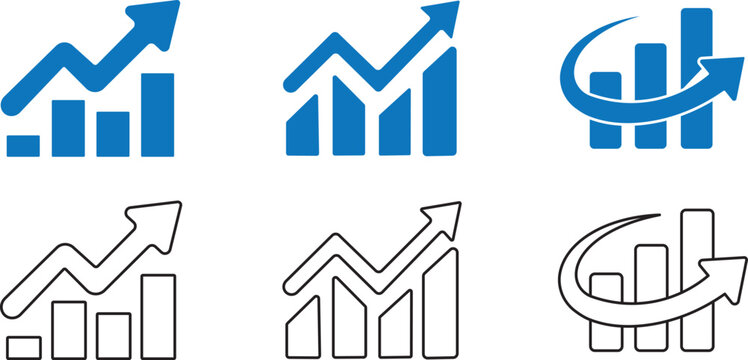 Outline, solid black, and blue growth chart and financial analytics icon set,&nbsp;Vector icon set of growth charts, financial analytics, and business&nbsp;. Modern business growth chart. outline, solid, and bl