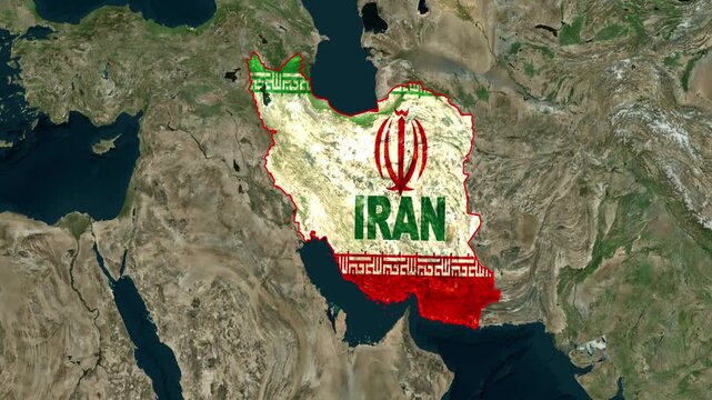 Iran flag map with emblem and country name on satellite terrain
