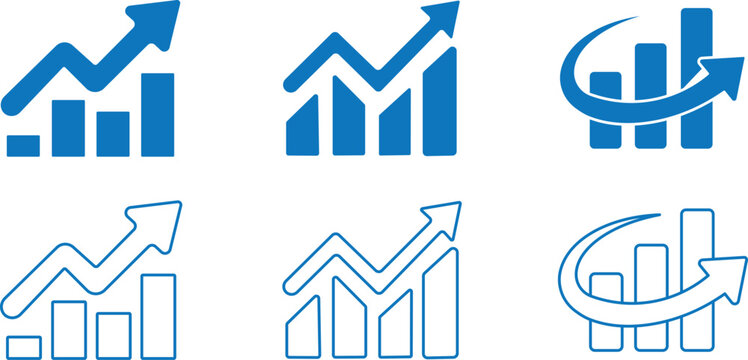 Outline, solid black, and blue growth chart and financial analytics icon set,&nbsp;Vector icon set of growth charts, financial analytics, and business&nbsp;. Modern business growth chart. outline, solid, and bl