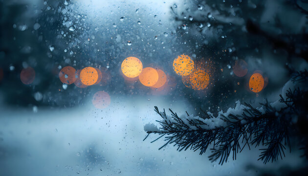 Snowy pine branch with rain drops and golden bokeh lights for winter atmosphere.