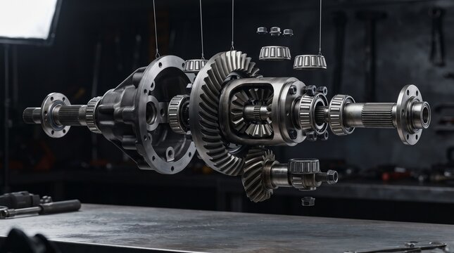 Automotive differential assembly with gears and bearings in a workshop