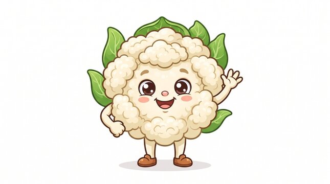Cute cartoon cauliflower character waving hello on a white background