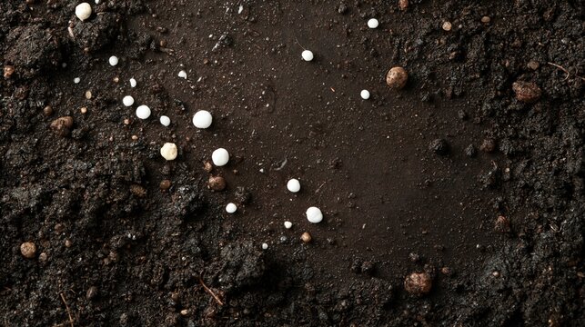 Dark Soil with White Fertilizer Granules Close Up