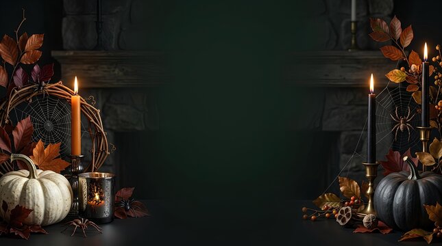Halloween still life composition featuring white and black pumpkins, lit orange and black candles, decorative spiders, webs, and autumn leaves with central copy space.