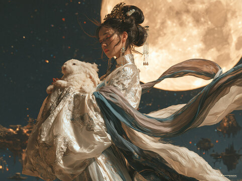 Ancient Chinese goddess Chang'e holds jade rabbit, flowing robes under giant glowing full moon.