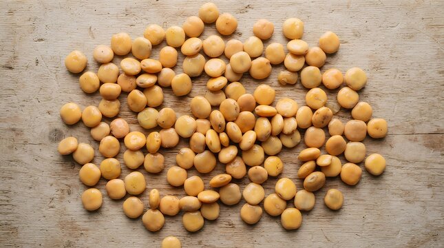 Scattered Lupini Beans Flat Lay. Raw Organic High-Protein Legumes on Wooden Background