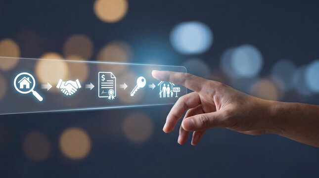 Real estate buying process on virtual screen, hand touching digital property transaction workflow, futuristic home purchasing concept