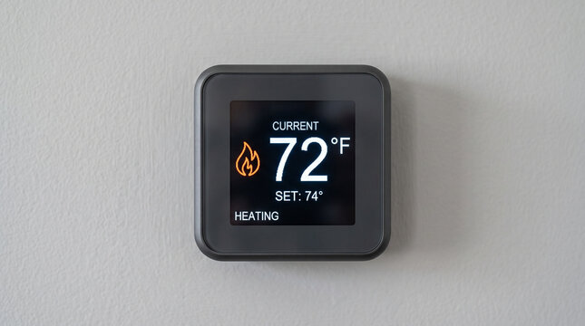 Digital thermostat displaying temperature setting for heating system  